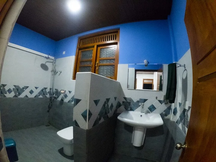 En-suite bathroom in Deluxe Triple Room with a walk-in shower, toilet, washbasin and blue upper walls